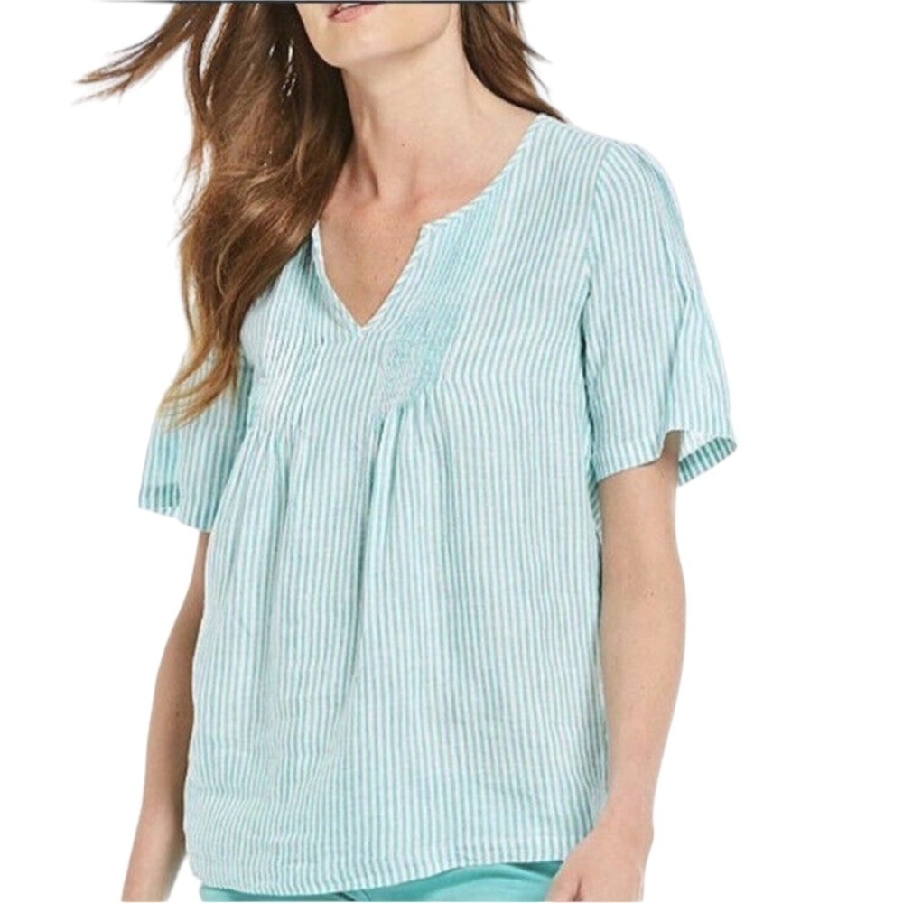 JOULES blouse top Roxie Turquoise Striped Top Linen casual coastal chic summer